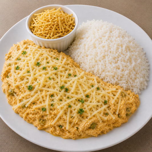 CASEIRO 550G- Fricassê de frango, arroz e batata palha à parte.