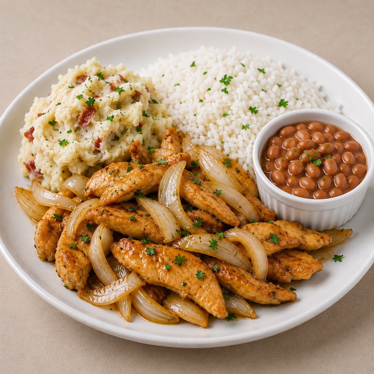 HOMESTYLE 300G- Chicken strips with onions and soy sauce, rice, mashed potatoes with bacon and beans on the side.
