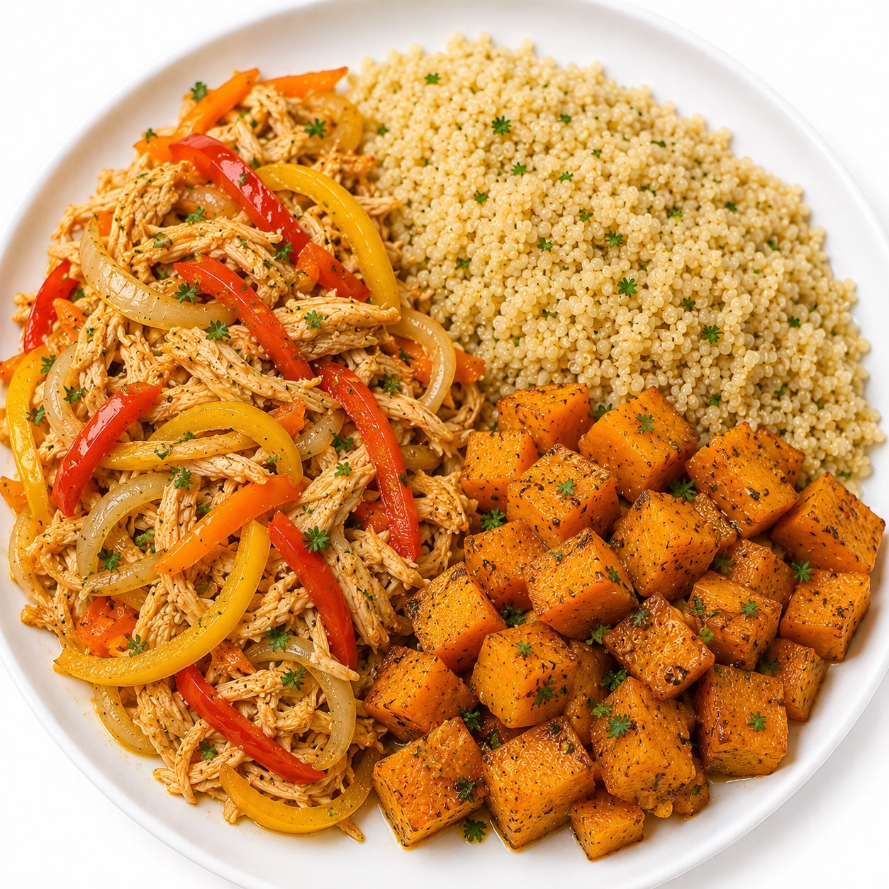 HEALTHY 300G- Shredded chicken with onions and colorful bell peppers, quinoa and sautéed pumpkin.