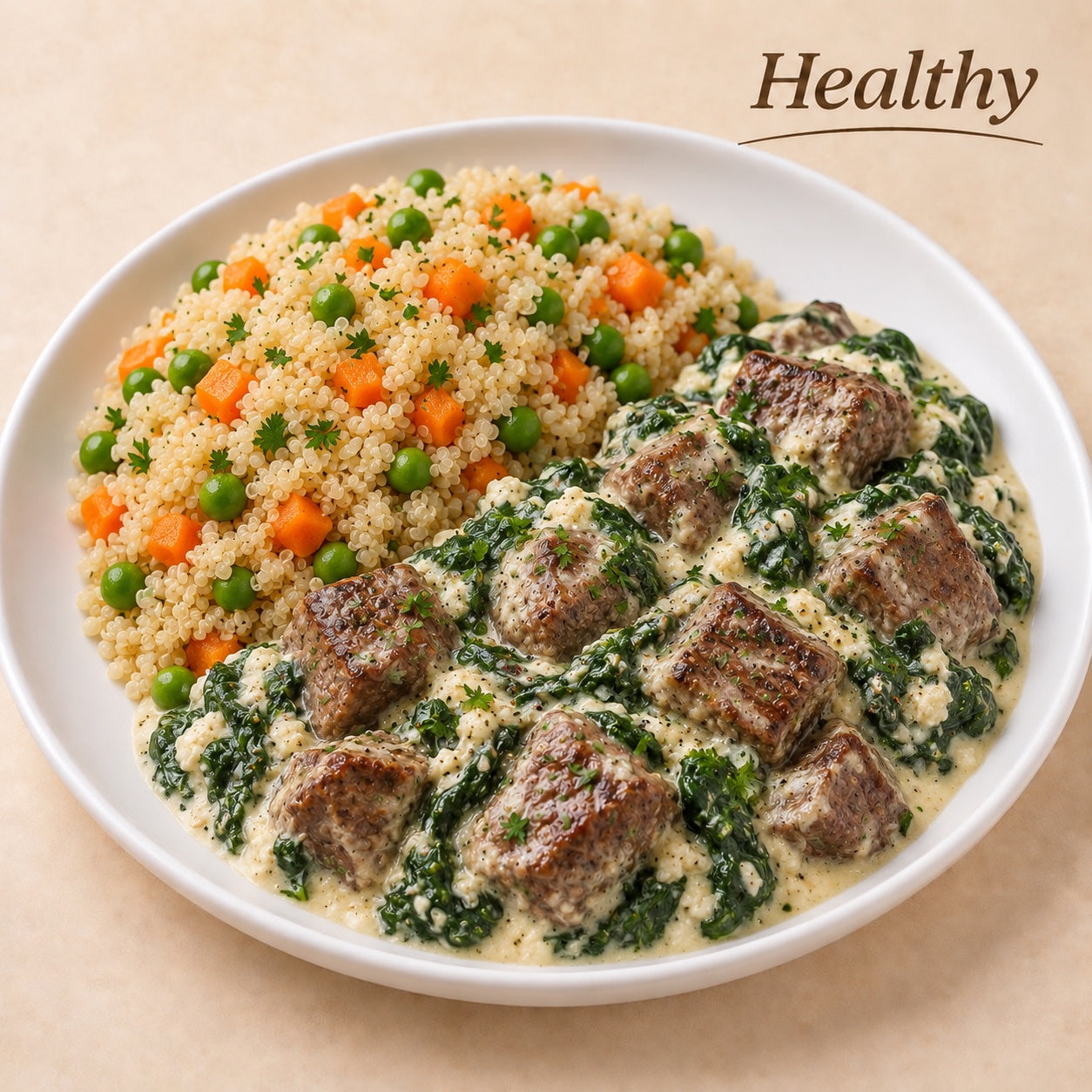 HEALTHY 500G- Diced beef in ricotta and spinach sauce and quinoa with vegetables.