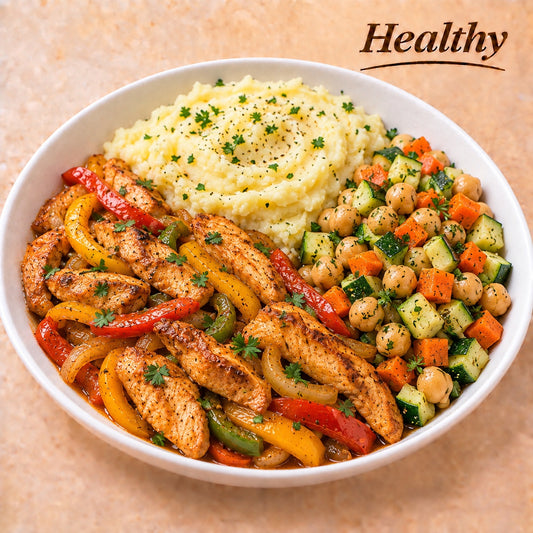 HEALTHY 300G- Chicken Fajitas, mashed potatoes and chickpea salad with zucchini and carrots.