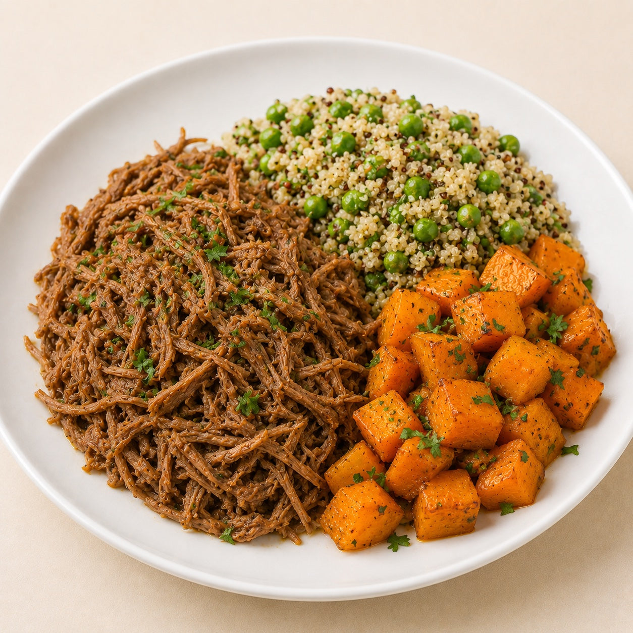SAUDAVEL 500G- Carne desfiada, quinoa com ervilha e abóbora refogada.
