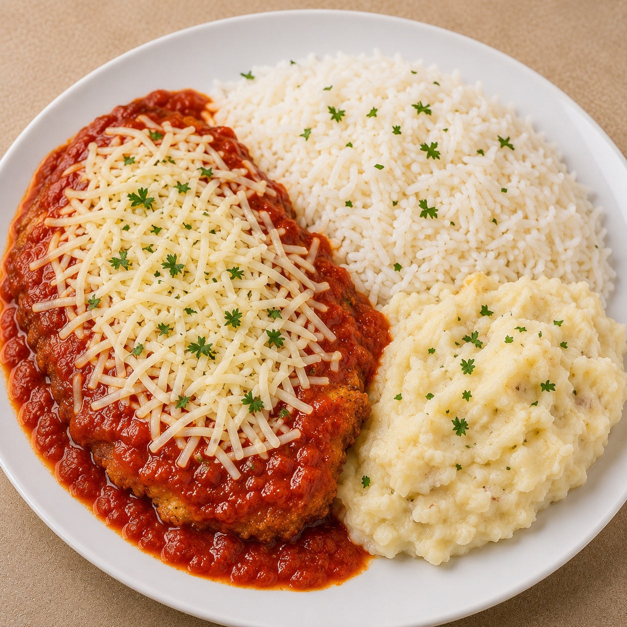 HOMESTYLE 300G- Chicken parmigiana, rice and rustic mashed potatoes.