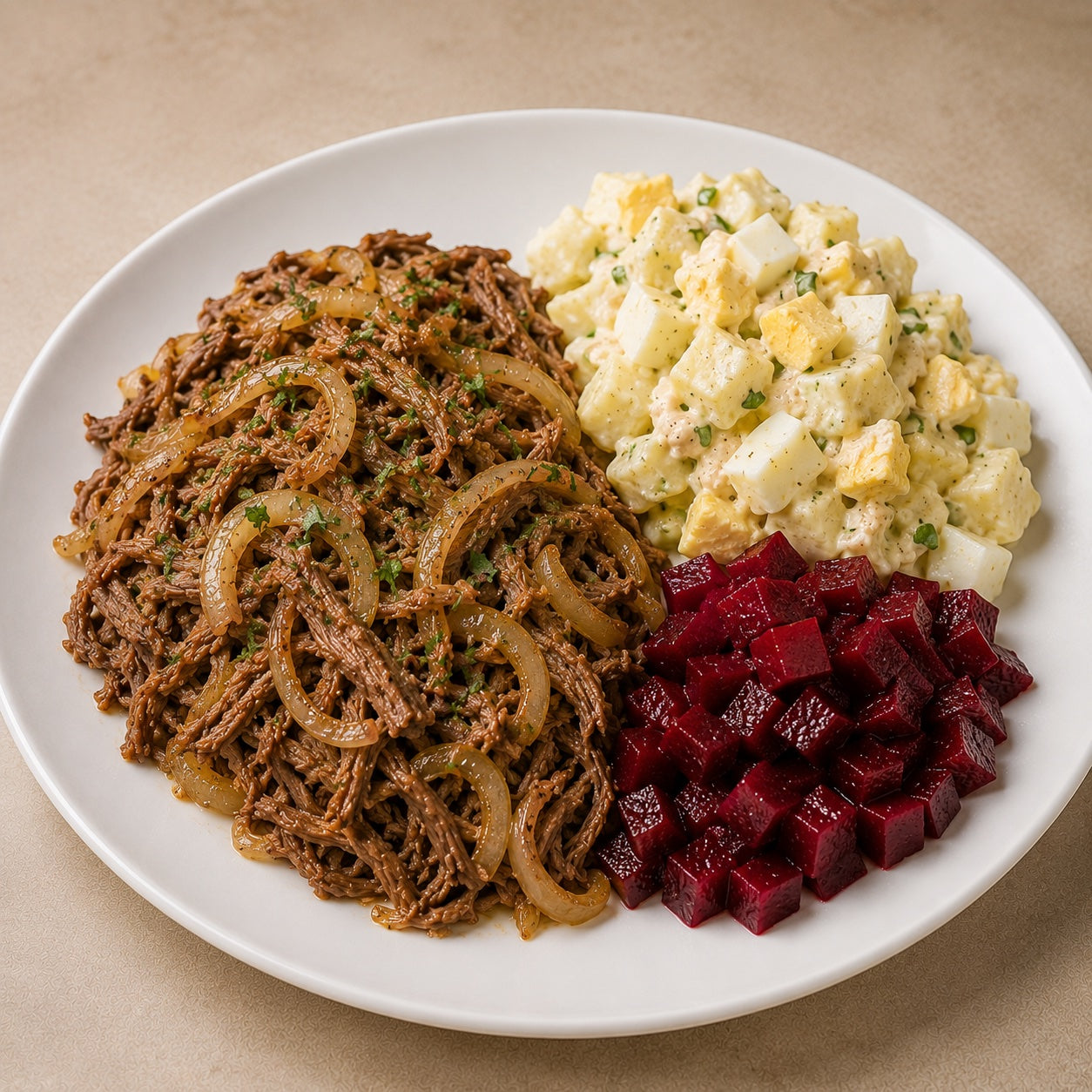 SAUDAVEL 500G- Carne desfiada e acebolada, salada de batata com ovos e beterraba.