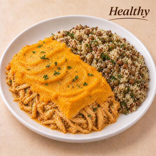 AVAILABLE NOW, FROZEN- Shredded chicken topped with creamy butternut squash puré, quinoa and lentil mix.