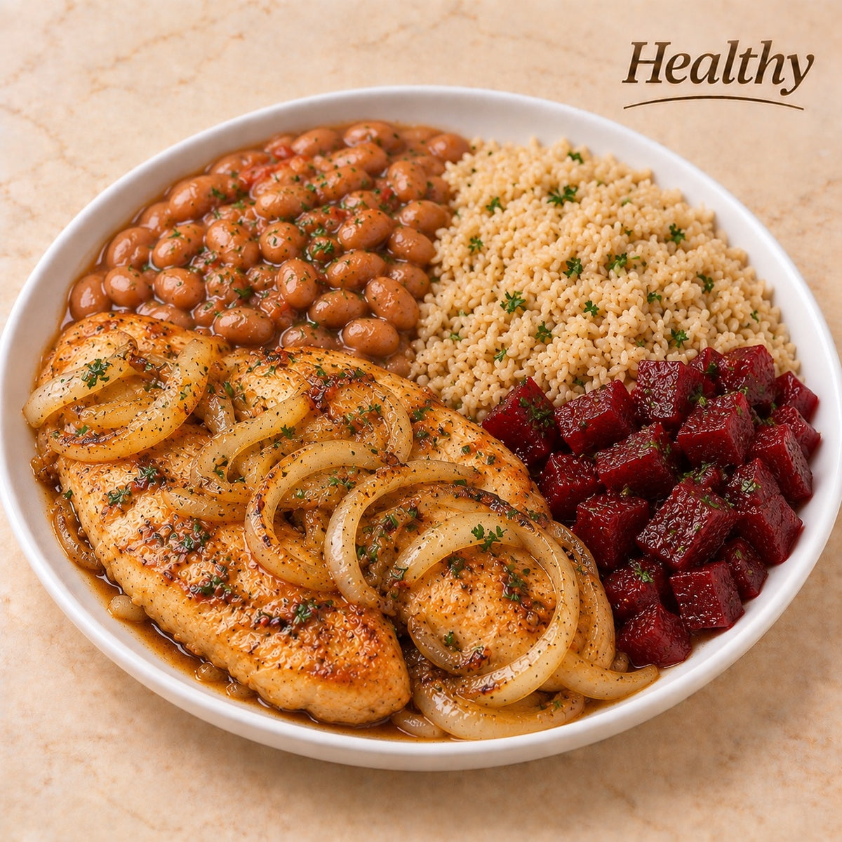 HEALTHY 300G- Chicken breast with sautéed onions, brown rice, beets and pinto beans.