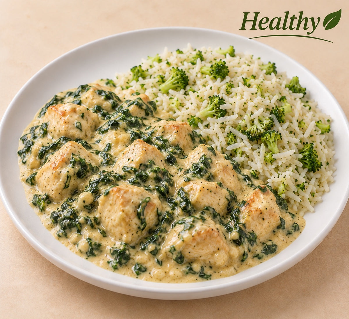 SAUDAVEL 300G- Cubos de frango ao molho de ricota com espinafre e arroz basmati com brócolis.