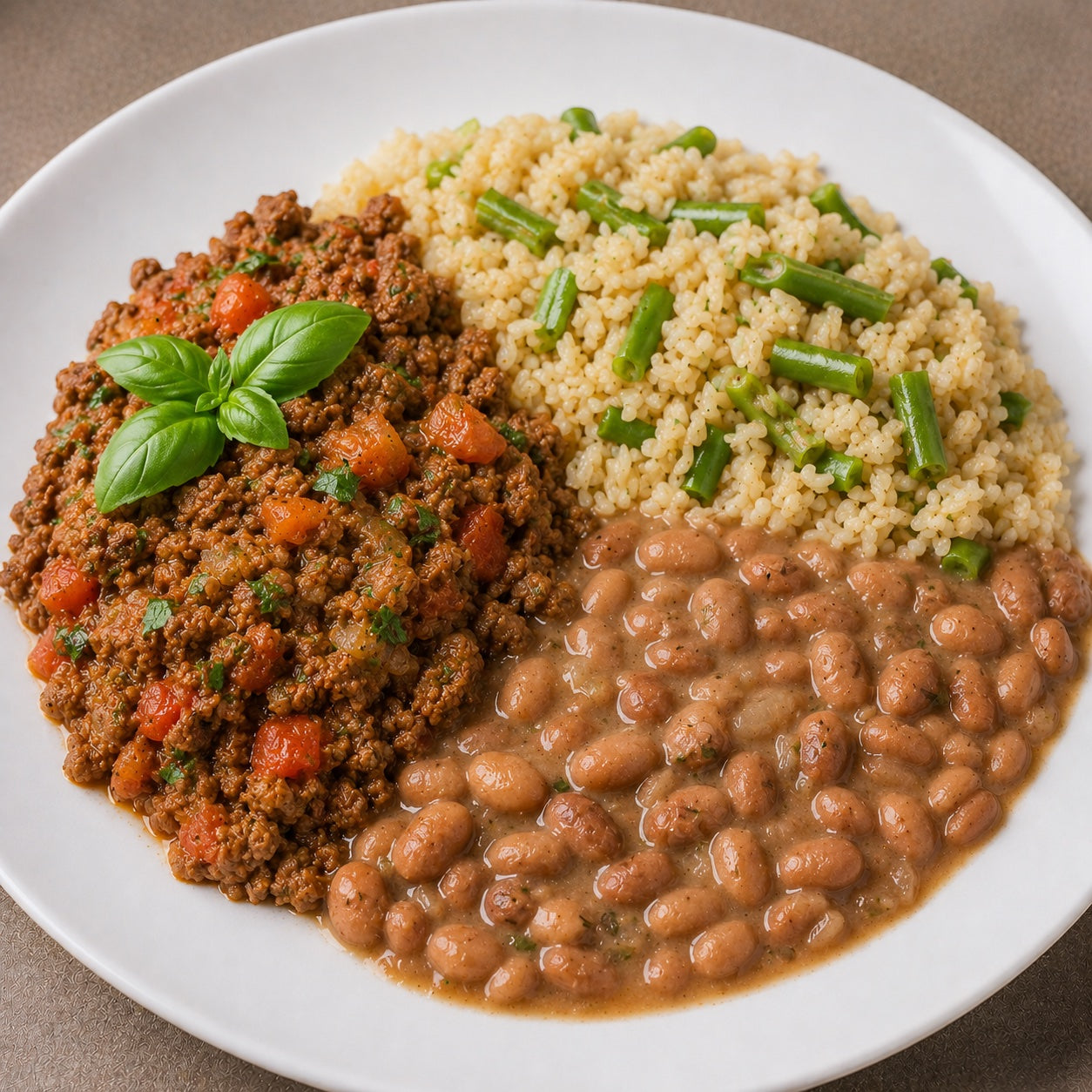 SAUDÁVEL 500G- Carne moída lean com tomate e manjericão, arroz integral com vagem e feijão carioca.