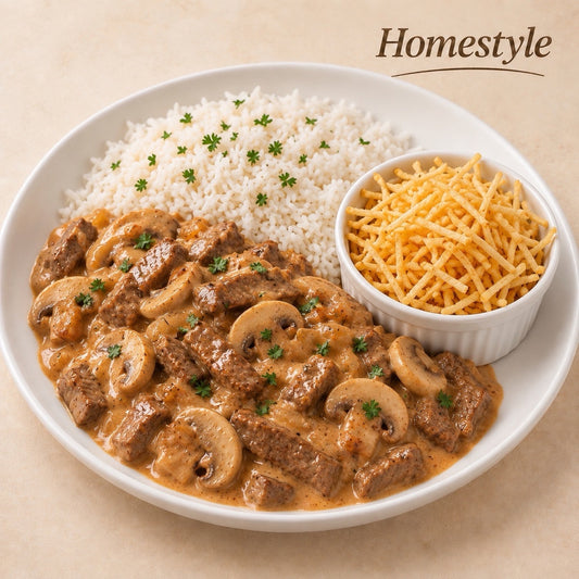 AVAILABLE NOW, FROZEN- Beef stroganoff with mushrooms, rice and shoestring potatoes on the side.