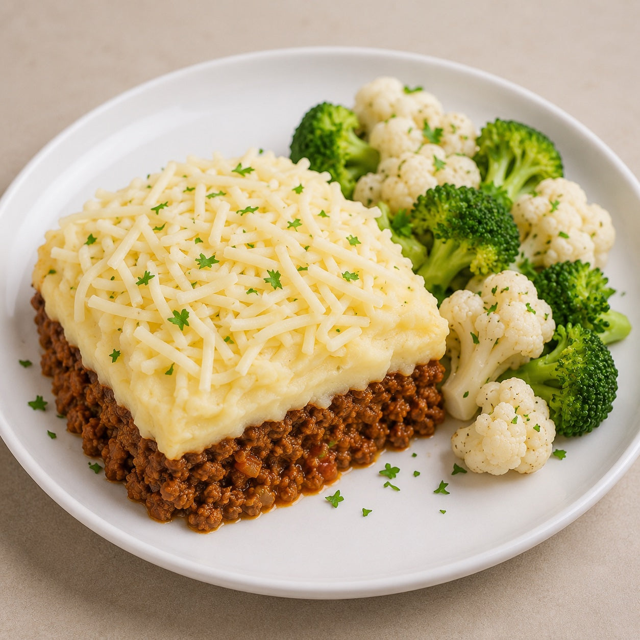SAUDAVEL 500G- Escondidinho de carne moída com purê de batatas e queijo low fat & brócolis com couve flor.