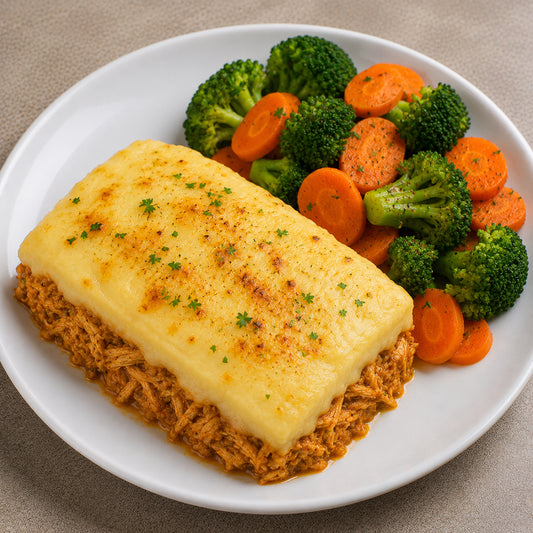 SAUDÁVEL 500G- Escondidinho de creme de batatas com frango desfiado e mix de cenoura com brócolis.