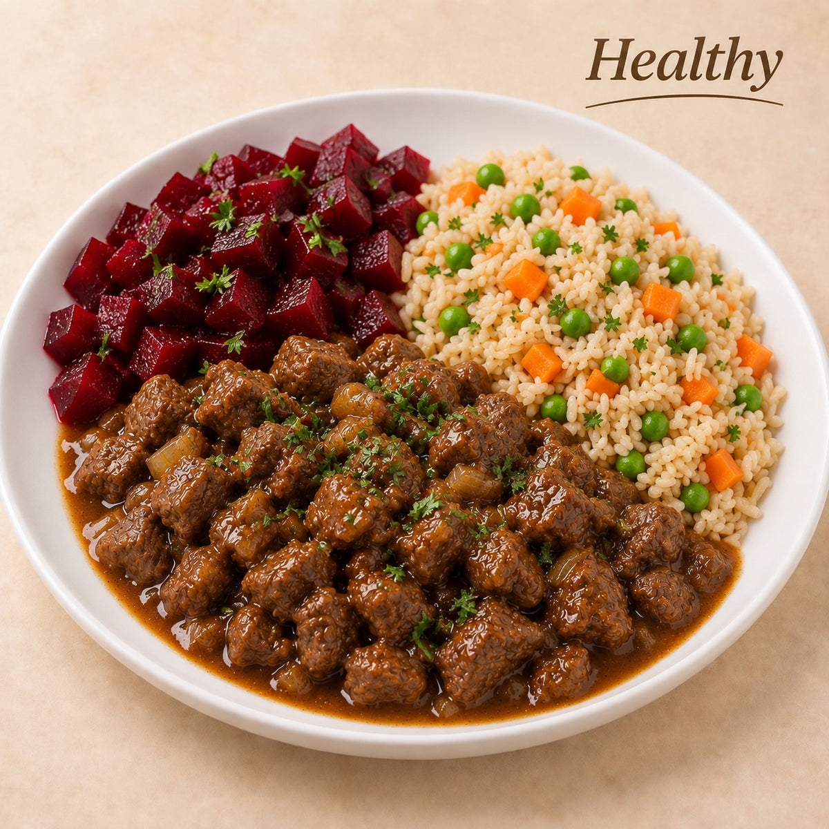 SAUDAVEL 300G- Picadinho de carne, arroz integral com vegetais e beterraba.
