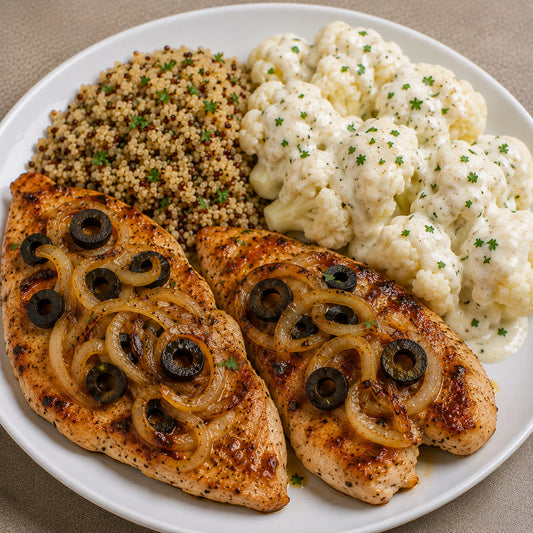 SAUDÁVEL 500G- Filé de frango na chapa com cebola e azeitonas pretas, quinoa e couve flor ao molho de ricota.