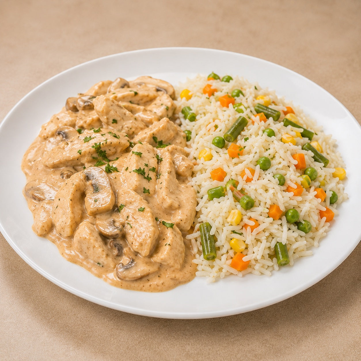 SAUDAVEL 500G- Strogonoff Fit de frango com cogumelos e arroz basmati com vegetais.
