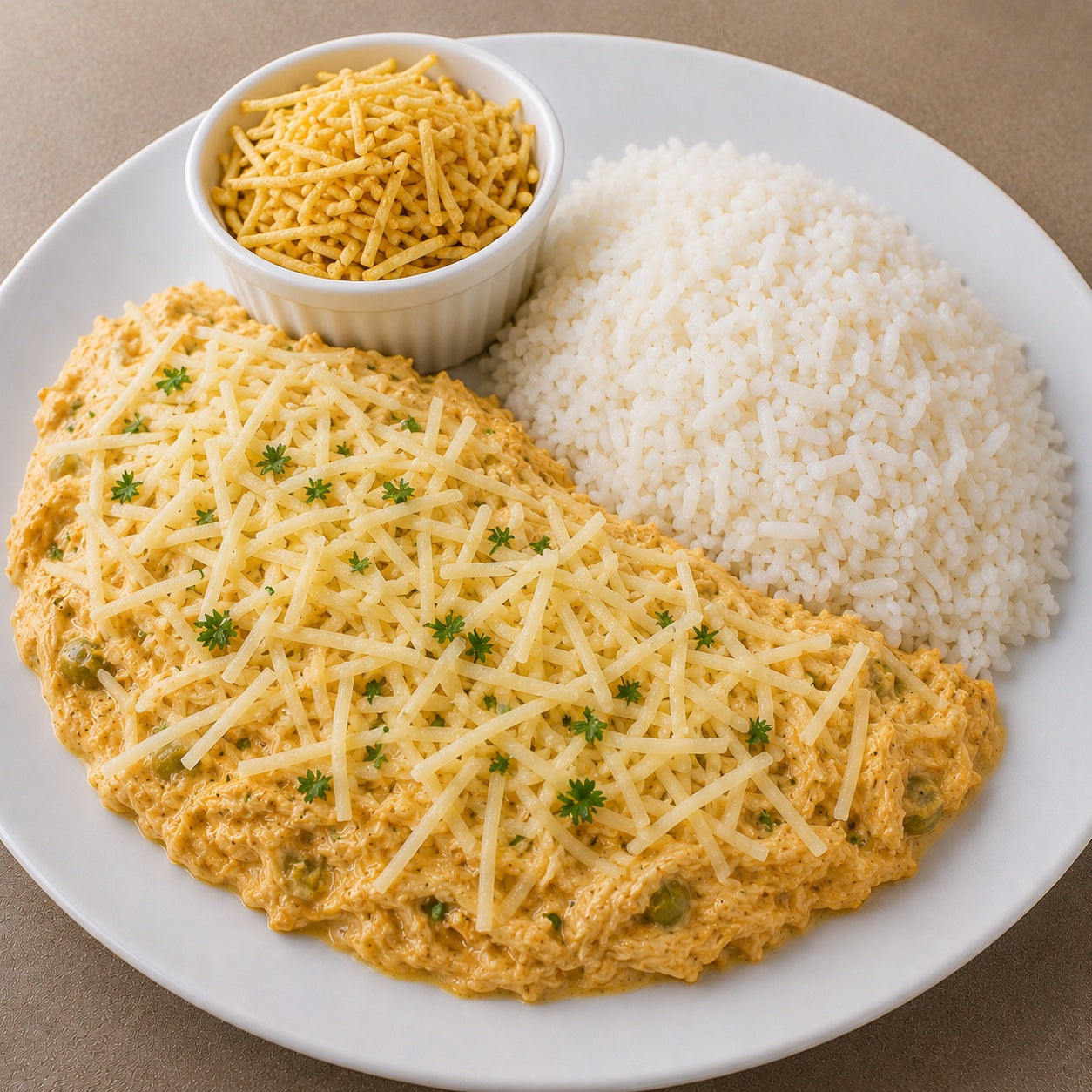 CASEIRO 550G- Fricassê de frango, arroz e batata palha à parte.