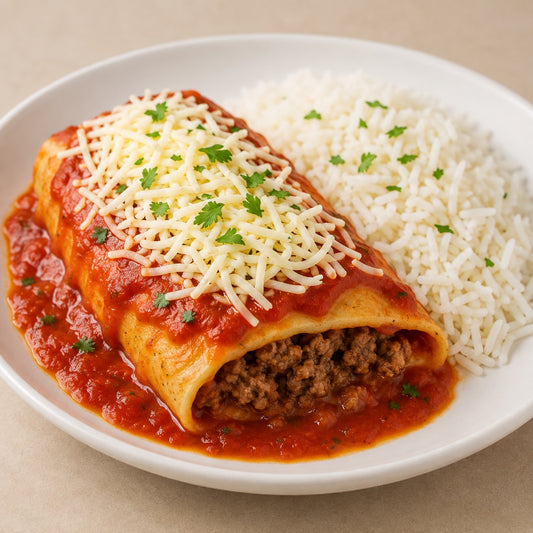 CASEIRO 300G- Panqueca de carne moída ao molho vermelho e queijo mussarela e arroz.