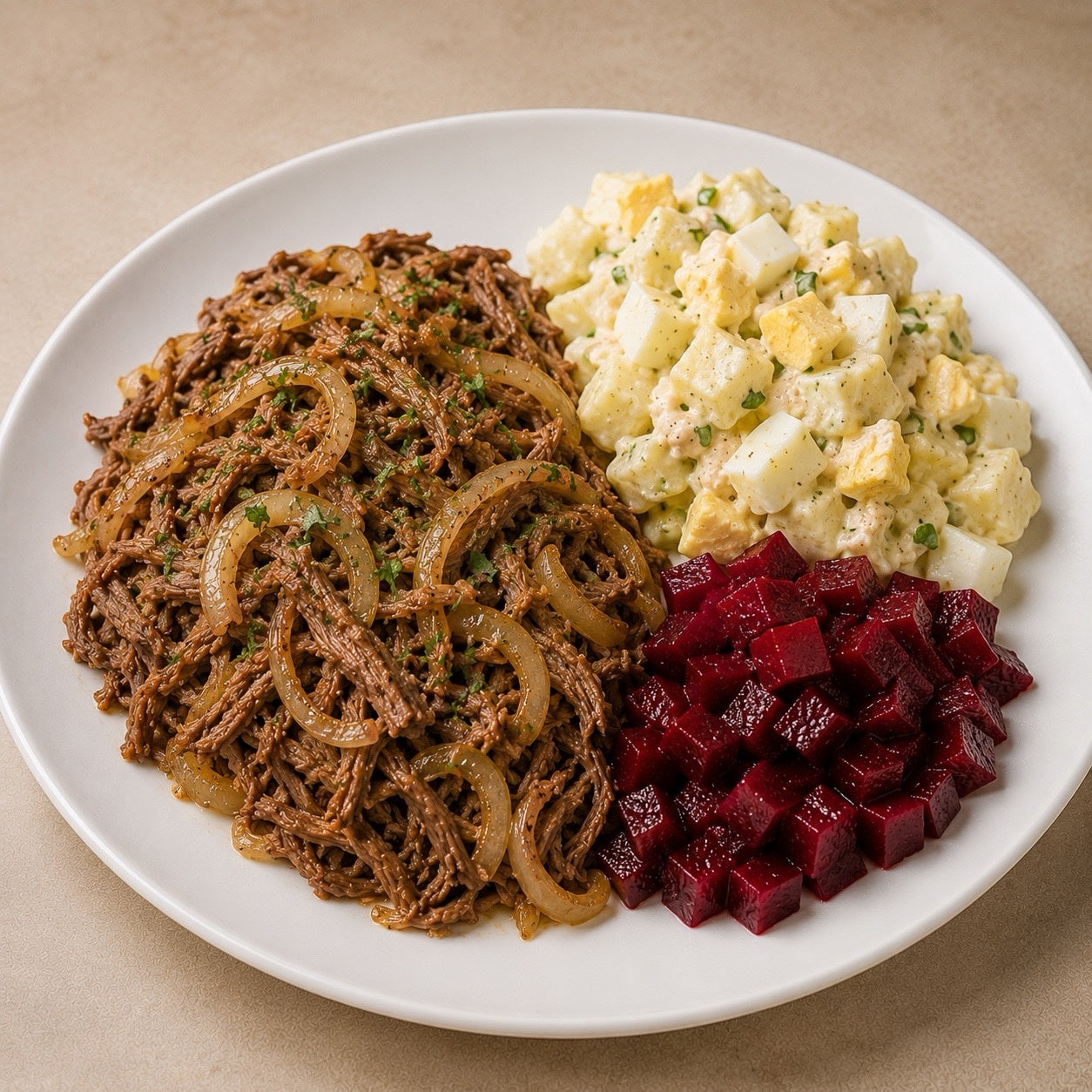 SAUDAVEL 300G- Carne desfiada acebolada, saladinha de batata com ovos cozidos e beterraba.