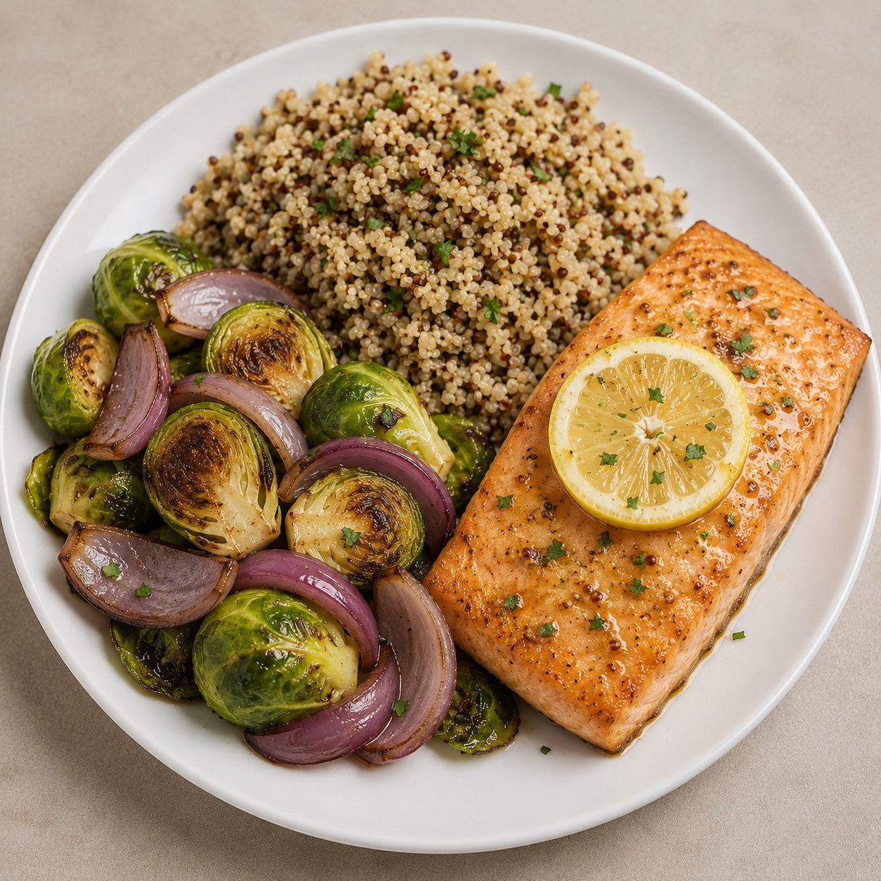 HEALTHY 300G- Salmon with a touch of Sicilian lemon and Dijon mustard, quinoa & Brussels sprouts with red onions and balsamic..