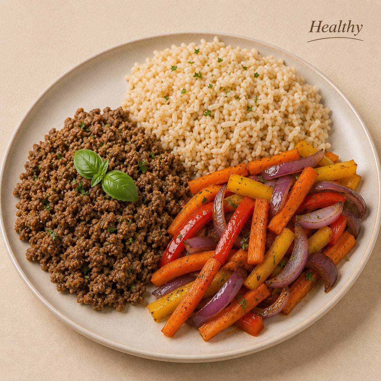 HEALTHY 500G- Lean ground beef with basil, brown rice, and sautéed vegetables (carrots, colorful bell peppers and red onion).