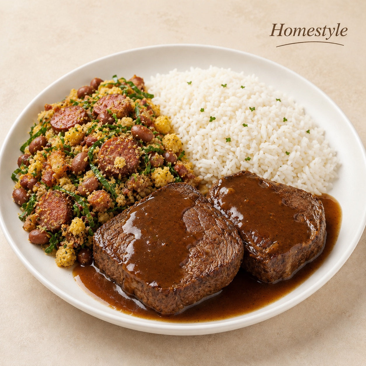HOMESTYLE 300G- Roast beef in sauce, rice and tropeiro beans.