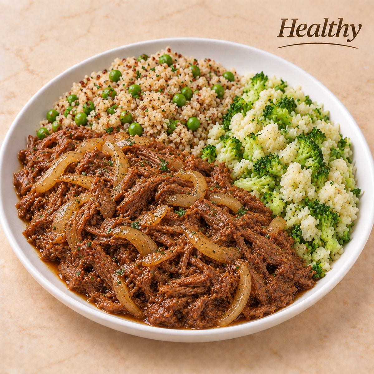 HEALTHY 300G- Shredded beef with sautéed onions, quinoa with peas and broccoli, and cauliflower farofa.