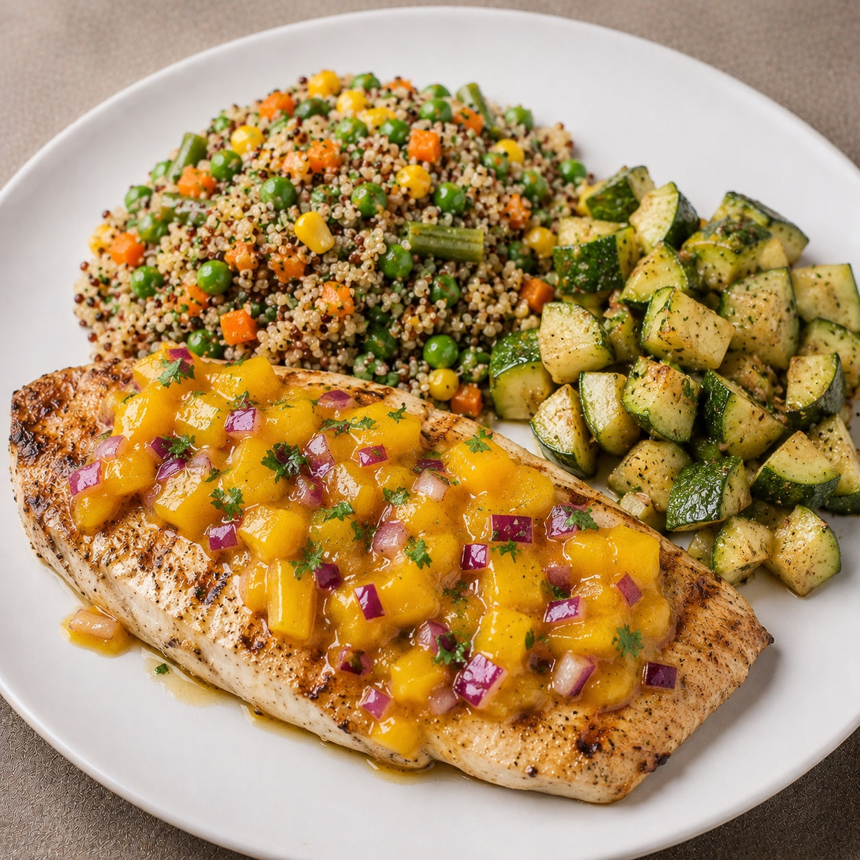 SAUDÁVEL 300G- Mahi-Mahi grelhado ao molho de manga com cebola roxa, quinoa tricolor com vegetais e abobrinha refogada.