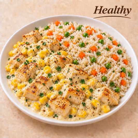 AVAILABLE NOW, FROZEN- Chicken cubes with corn in ricotta and Dijon mustard sauce, and basmati rice with carrots and peas.