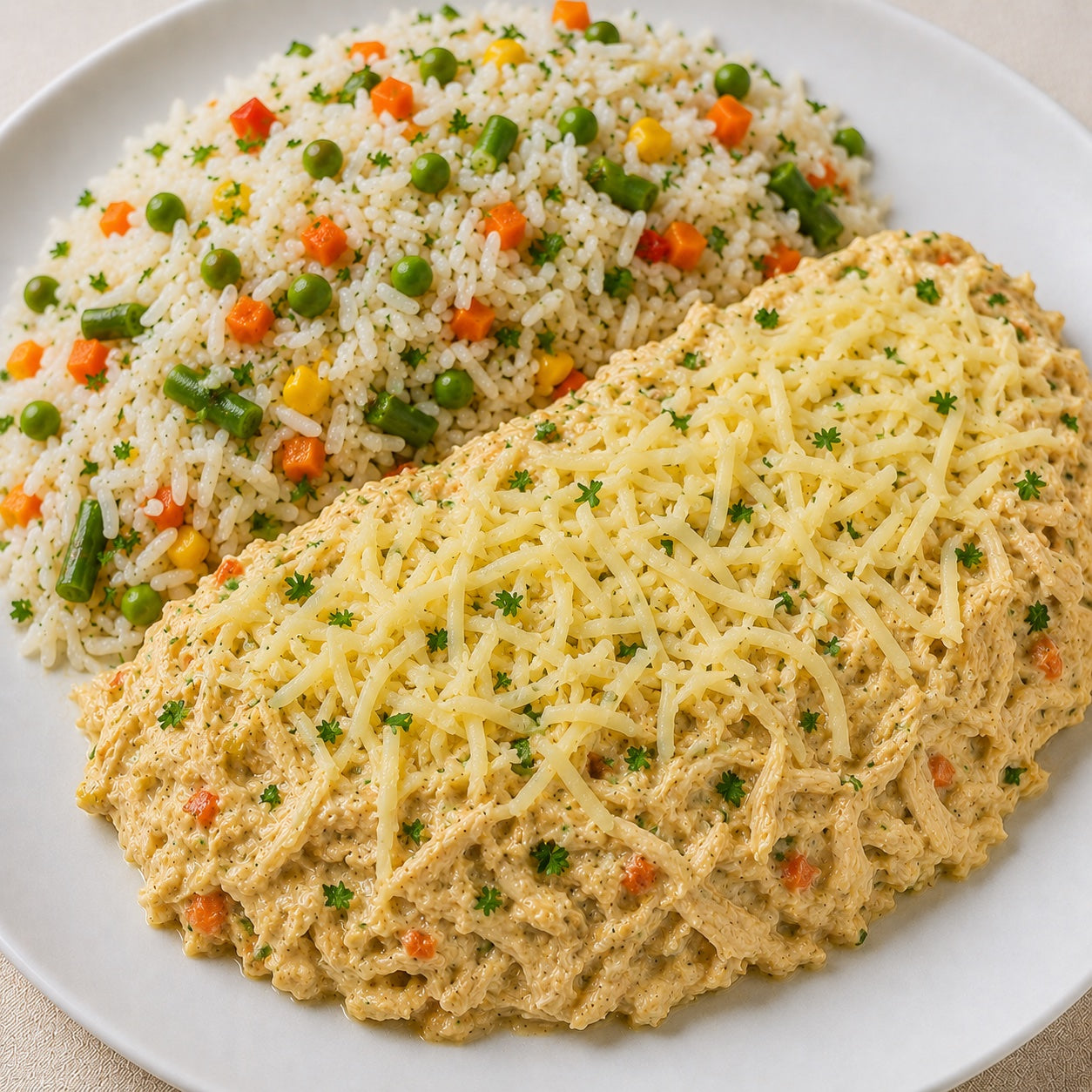 SAUDAVEL 500G- Fricassê de frango Fit com queijo mussarela e arroz basmati com mix de vegetais.