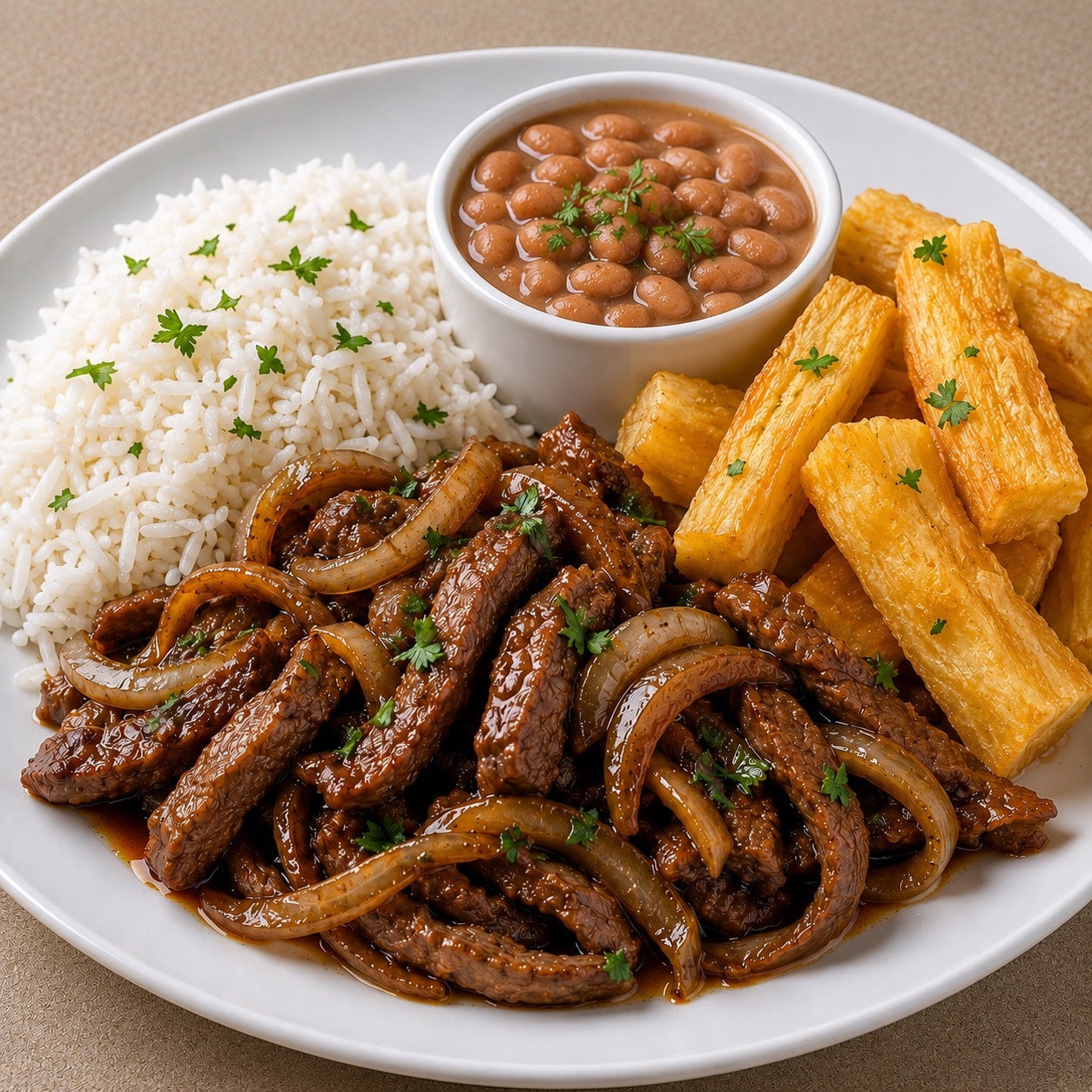HOMESTYLE 300G- Sirloin steak strips with onions, rice, fried yuca and beans on the side.