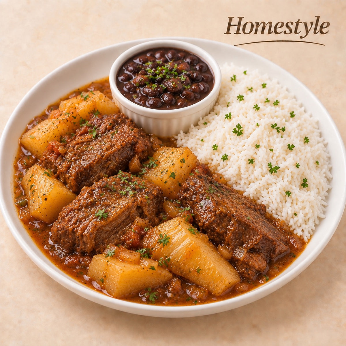 HOMESTYLE 300G- Pot roast with yuca, rice and beans on the side.