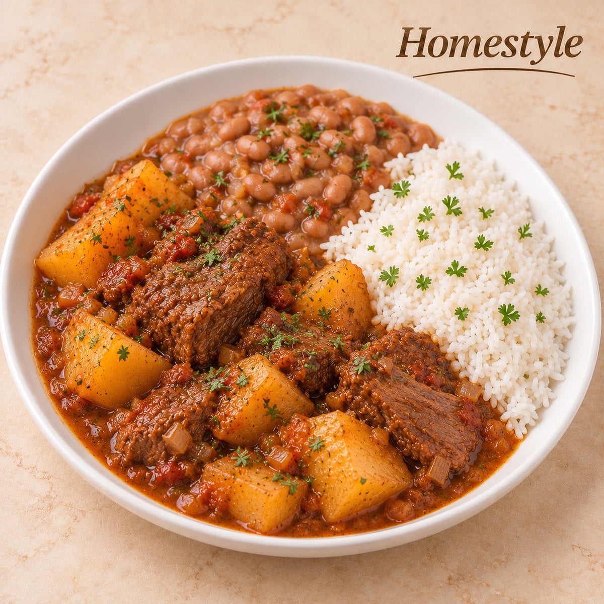 CASEIRO 300G- Carne de panela com mandioca, arroz e feijão carioca.