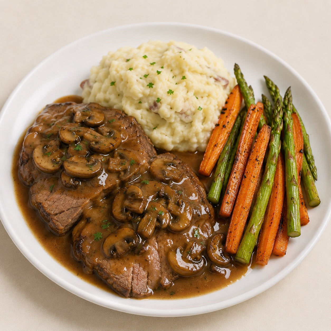 AVAILABLE NOW, FROZEN- Roast beef with Madeira sauce and mushrooms, rustic mashed potatoes and grilled asparagus and carrots.