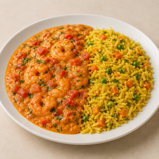 PRONTA ENTREGA CONGELADA- Bobo de camarão fit e arroz basmati com curry, cenoura e ervilha.