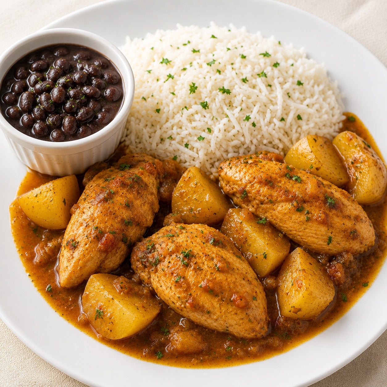 CASEIRO 550G- Peito de frango ao molho (Stewed) com batatas, arroz e feijão à parte.