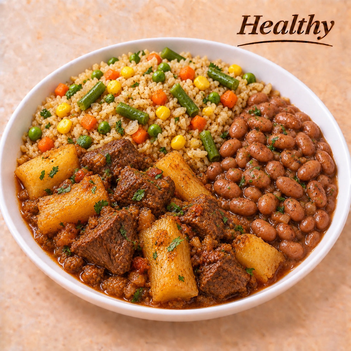 HEALTHY 300G- Pot roast with yuca, brown rice with vegetables and beans.
