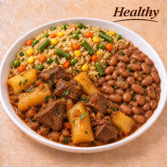 HEALTHY 300G- Pot roast with yuca, brown rice with vegetables and beans.