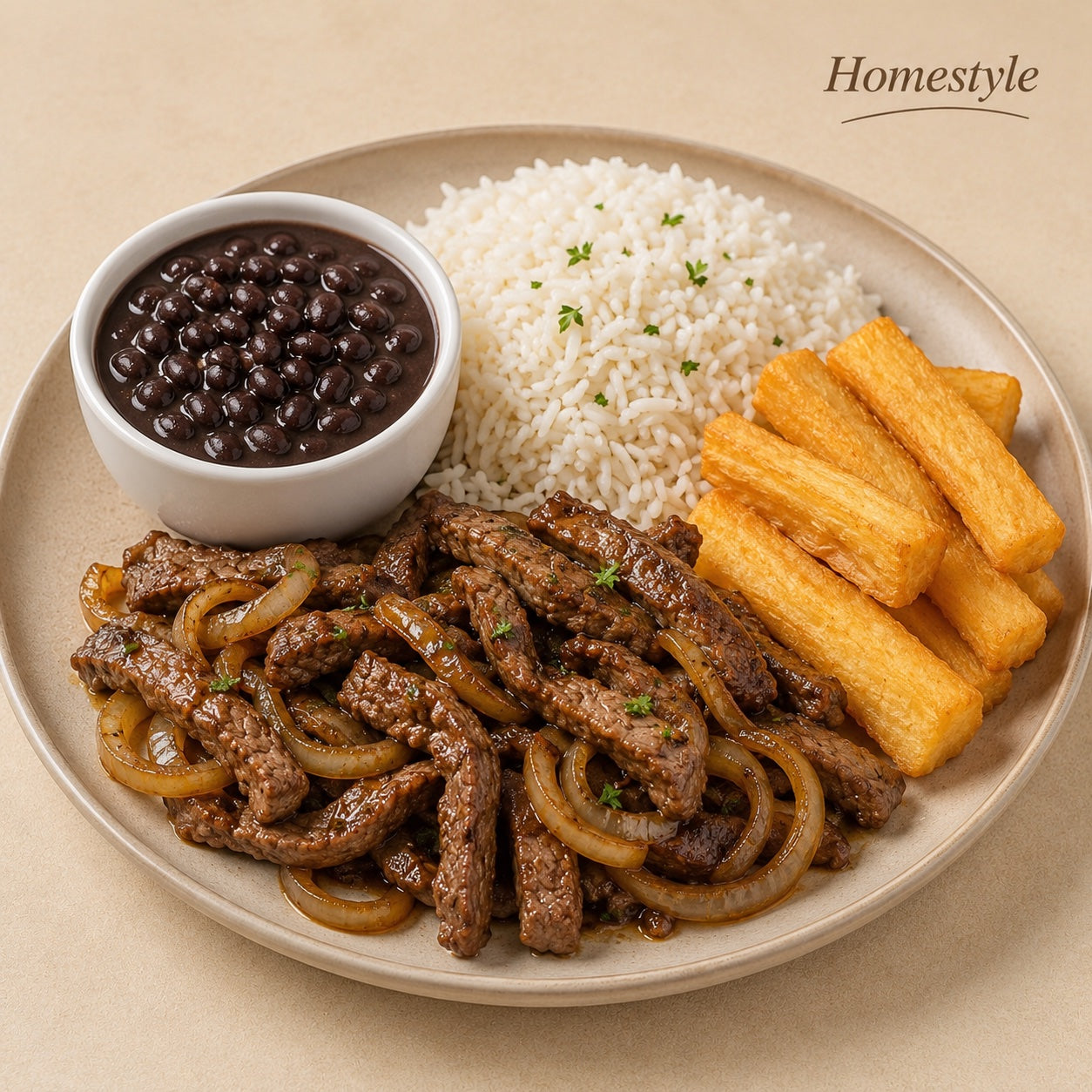 HOMESTYLE 300G- Beef strips with onions and soy sauce, rice, fried yuca and beans on the side.