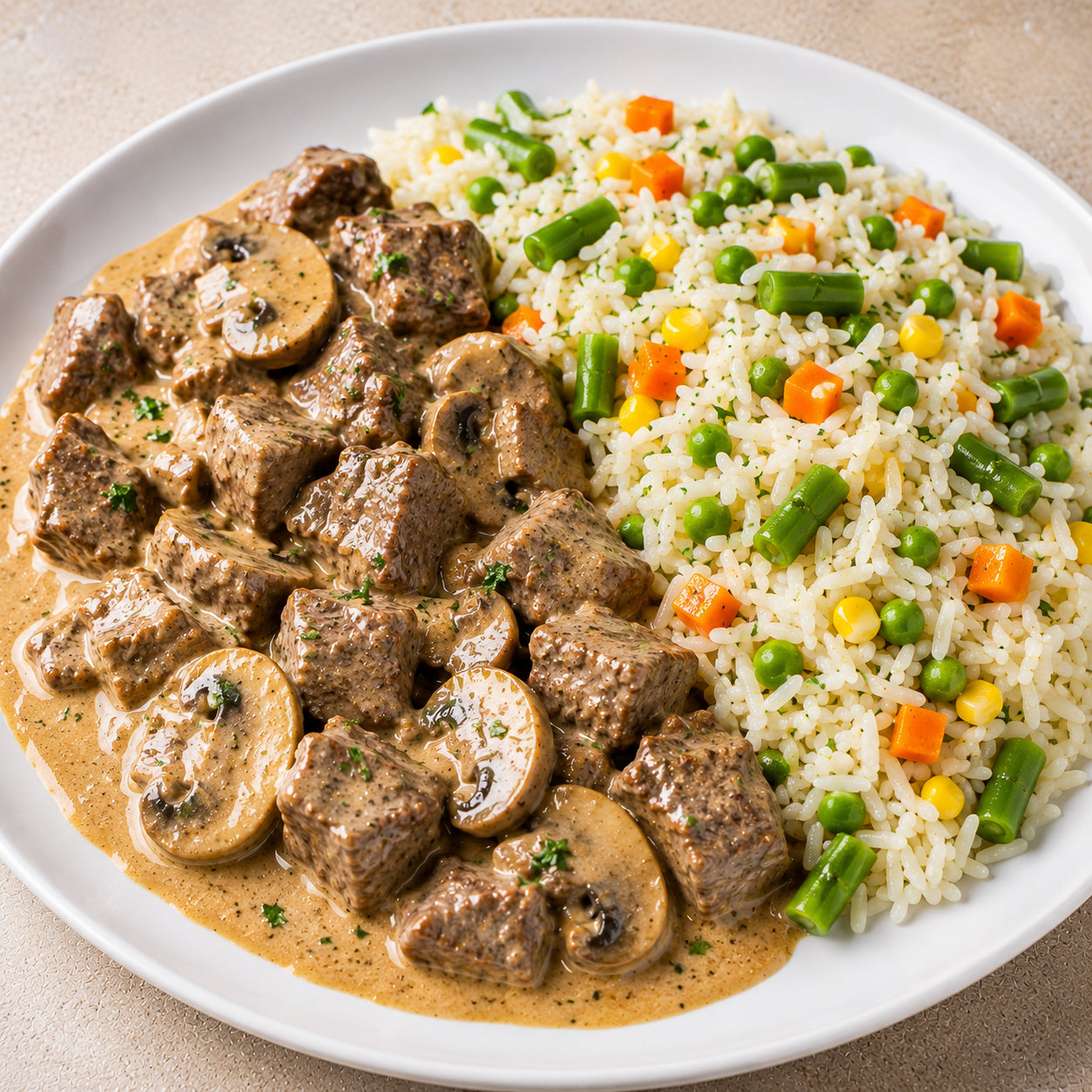 SAUDÁVEL 300G- Strogonoff Fit de filé mignon com cogumelos e arroz basmati com vegetais.