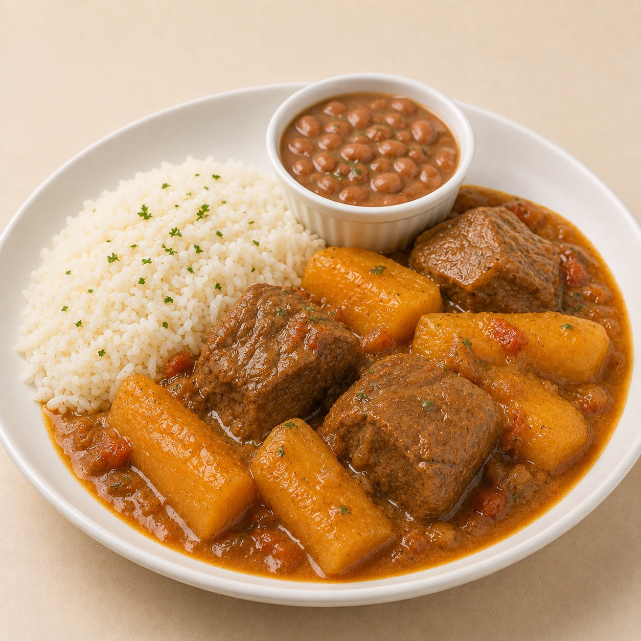 HOMESTYLE 300G- Beef stew with yuca, rice and beans on the side.