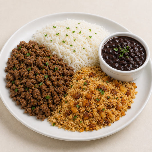 PRONTA ENTREGA CONGELADA- Carne moída, arroz, farofa de cebola dourada e feijão à parte.
