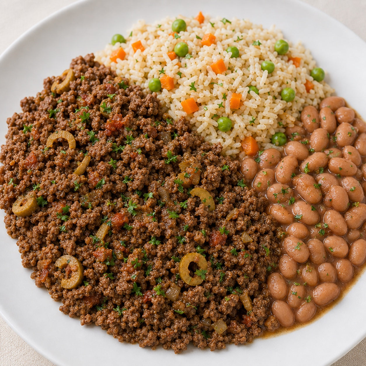 SAUDAVEL 300G- Carne moída com azeitona picadinha, arroz integral com cenoura e ervilha e feijão carioca.