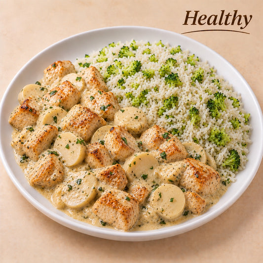 AVAILABLE NOW, FROZEN- Grilled chicken cubes with hearts of palm in ricotta sauce and basmati rice with broccoli.
