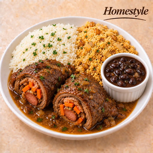 HOMESTYLE 300G- Beef rolls stuffed with carrots and sausage, rice, golden onion farofa and beans on the side.
