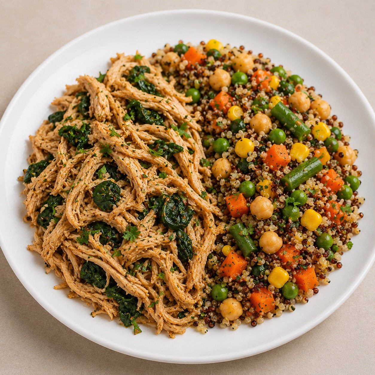 SAUDAVEL 300G- Frango desfiado e turbinado com espinafre & mix de quinoa tricolor, grão de bico e vegetais.