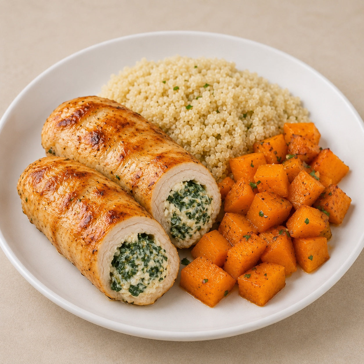 HEALTHY 300G- NEW. Stuffed chicken roll with ricotta and spinach paste, white quinoa and sautéed butternut squash.