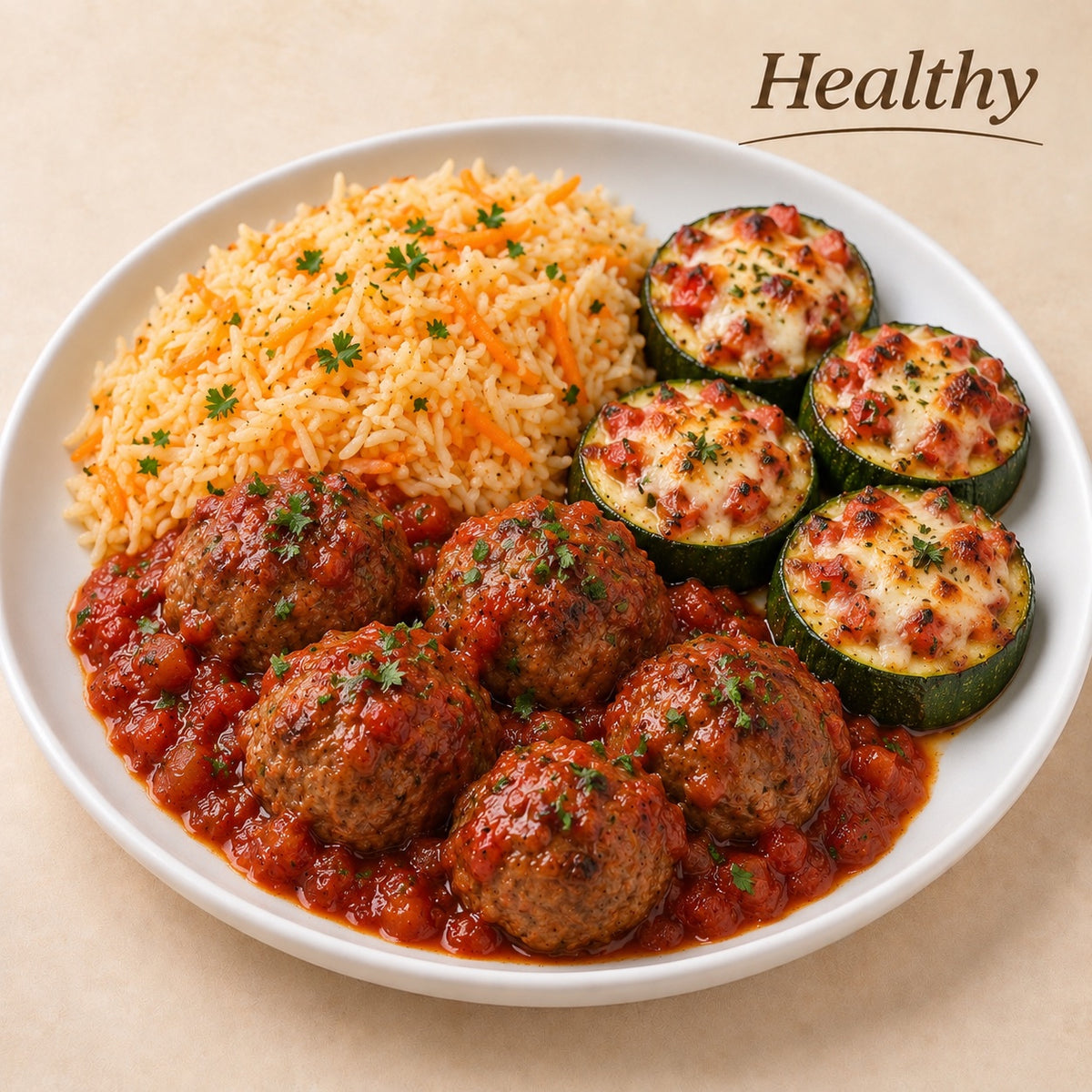 HEALTHY 300G- Beef meatballs in homemade tomato sauce, basmati rice with shredded carrots and zucchini rounds with tomatoes and mozzarella cheese.