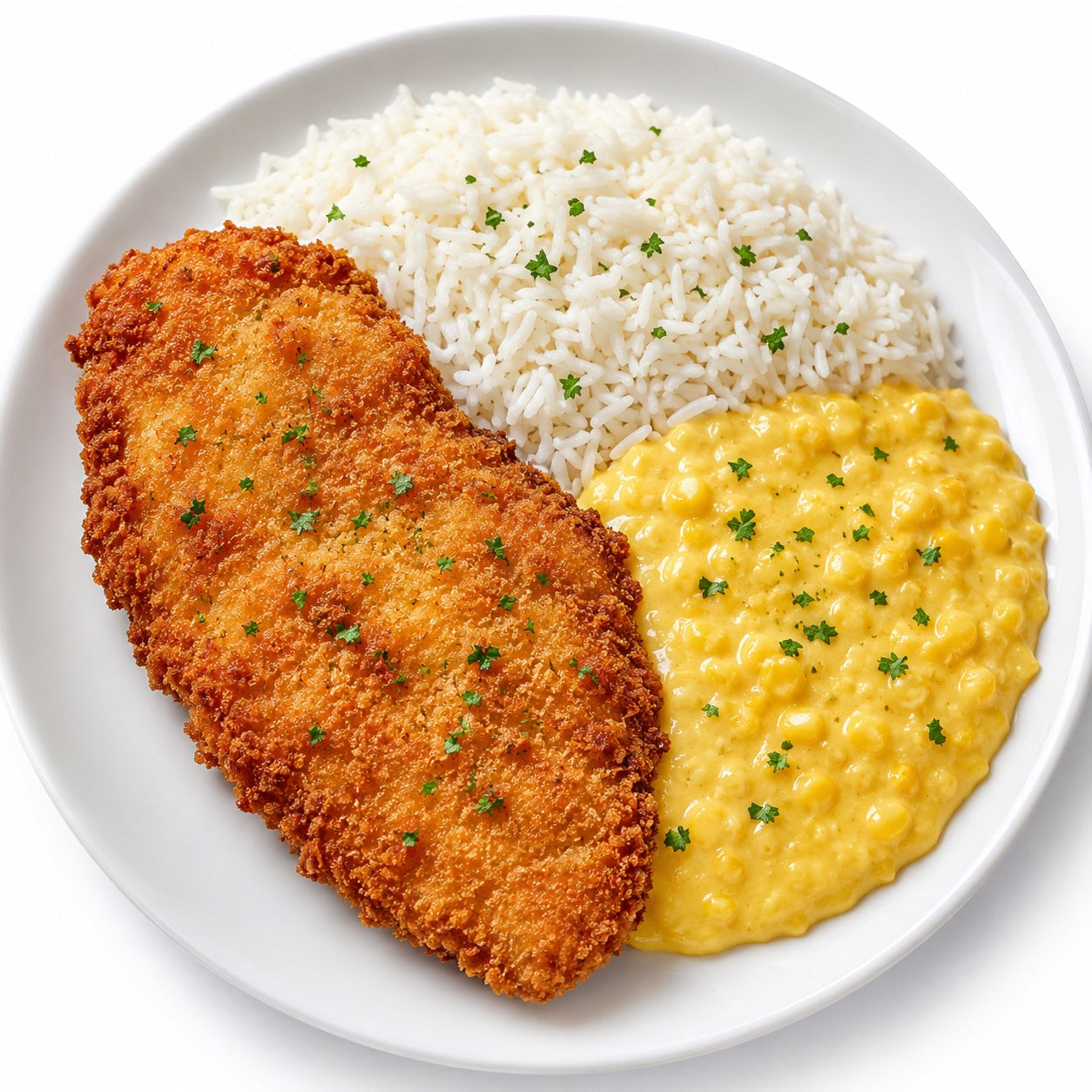 CASEIRO 300G- File de frango a milanesa, arroz e creme de milho.