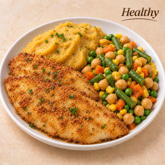 HEALTHY 300G- Tilapia with panko, sweet plantain purée and chickpea and vegetable mix.
