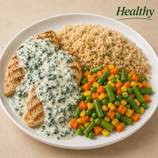 AVAILABLE NOW, FROZEN- Grilled chicken breast with ricotta and spinach sauce, brown rice and mixed vegetables.