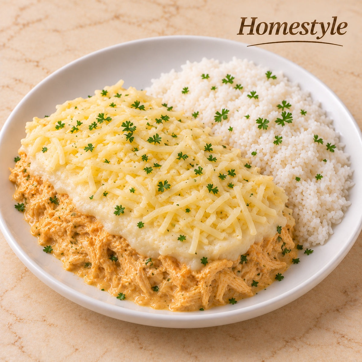HOMESTYLE 300G- Yuca Shepherd’s pie with creamy shredded chicken, mozzarella cheese and rice.
